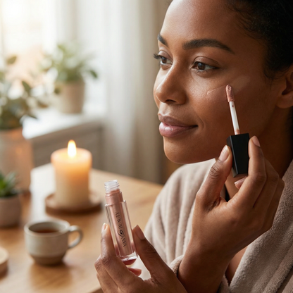 Woman applying Yany Beaty liquid highlighter makeup with a brush and compact mirror in a cozy room.