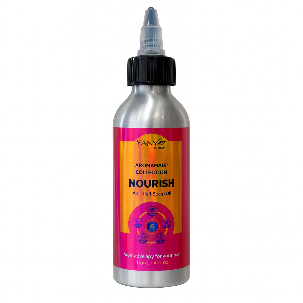 Bottle of AromaHair Nourish hair oil product on a white background