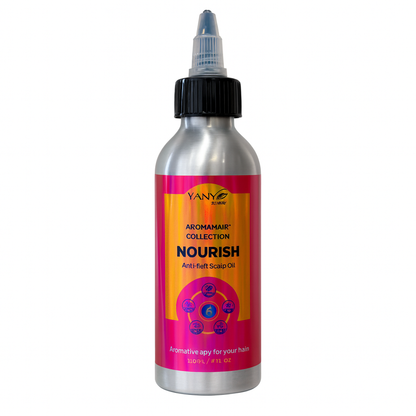 Bottle of AromaHair Nourish hair oil product on a white background