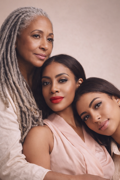 Three women posing closely together against a plain background