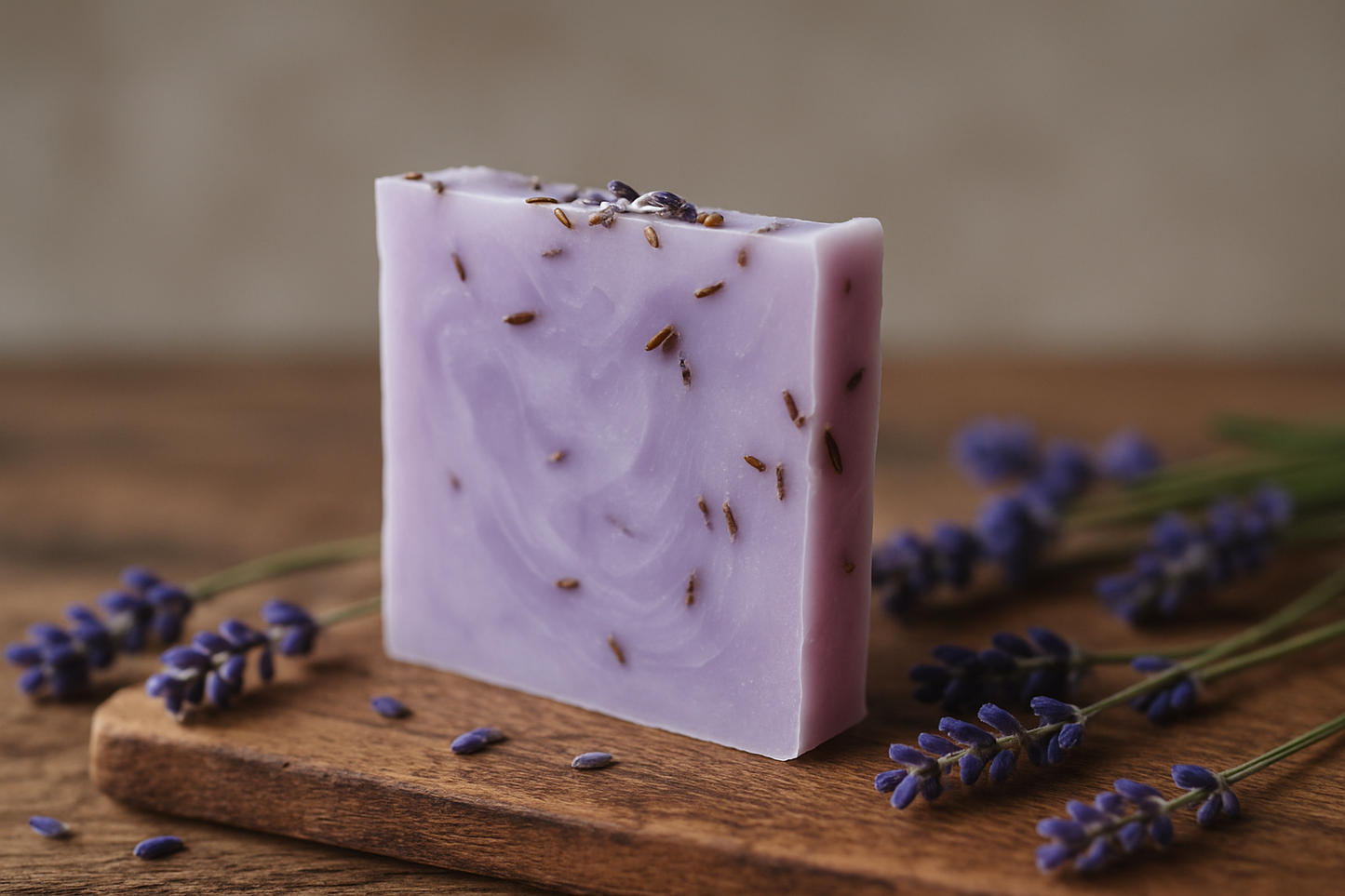 Bar of lavender soap with seeds on a wooden board with lavender flowers.