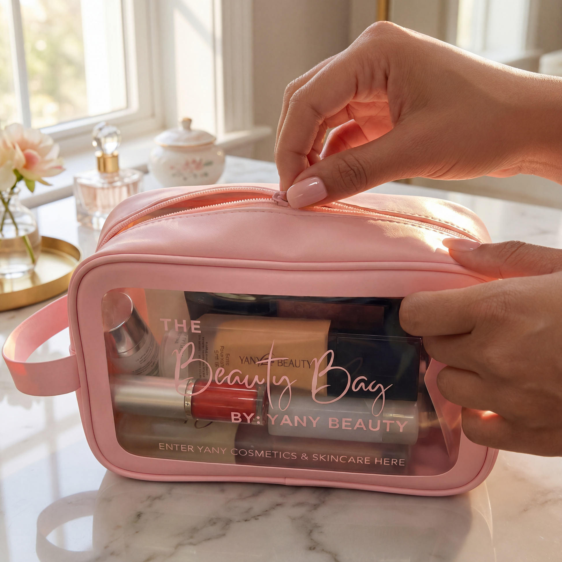 Pink beauty bag with Yany Beauty products on a marble surface