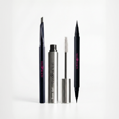 Set of eyebrow grooming products including a gel, brush, and pencil on a white background