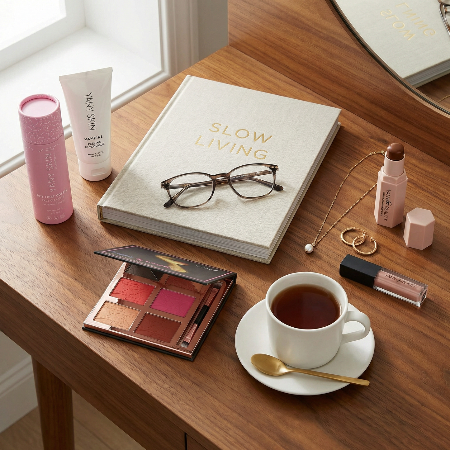 Wooden desk with Yany beauty makeup, and skincare tea, and a book titled 'Slow Living'.