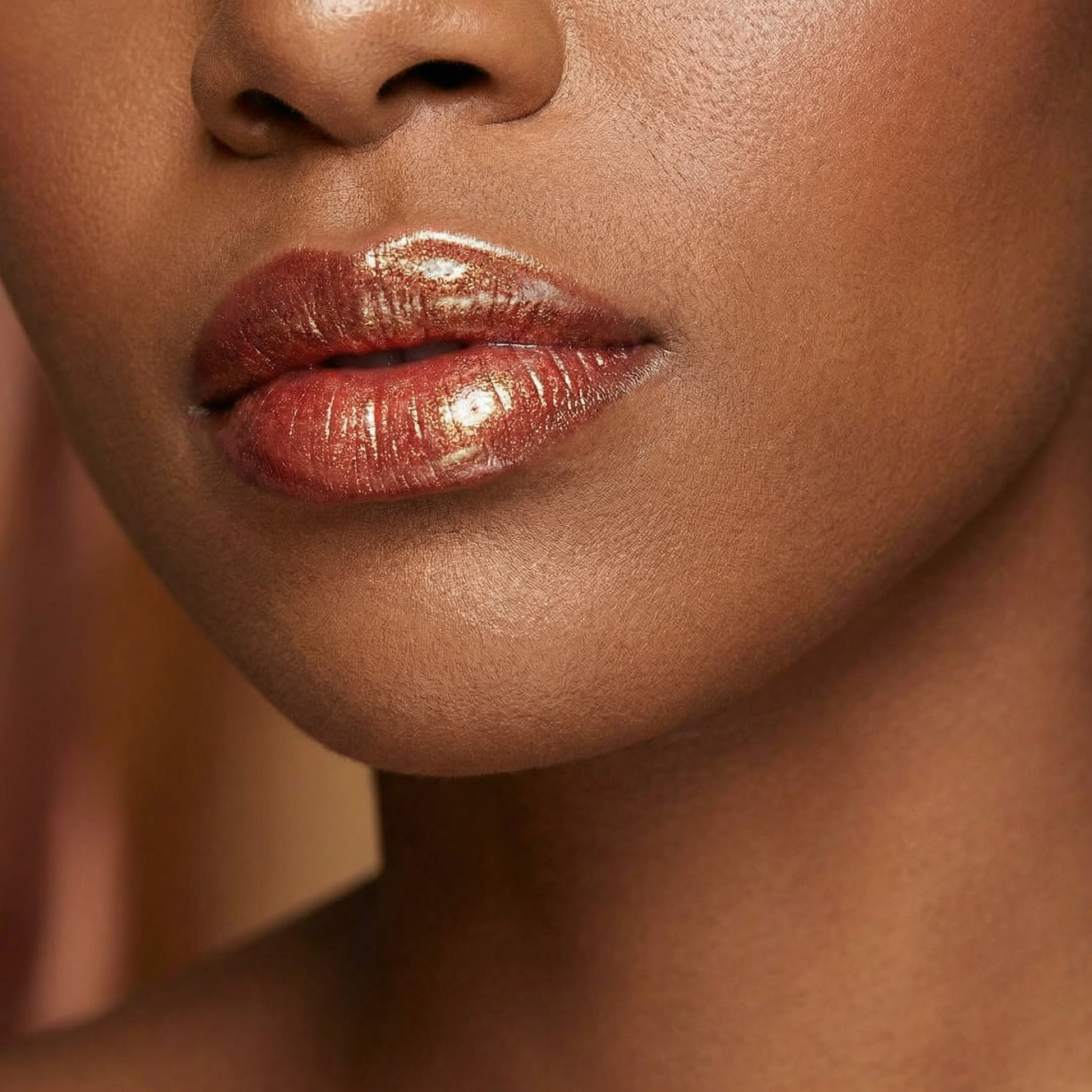 Close-up of a woman's lips with a Yany Beauty Level Up Tinted Lipgloss glossy lip color